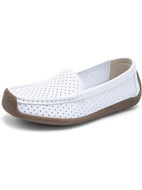 Women's White Comfortable Leather Mocs Boat Walking Slip-On Loafer Flat Shoes